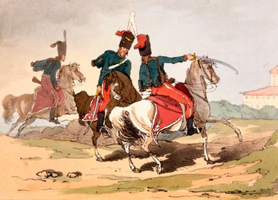 Husaria w mundurach w stylu węgierskim, ilustracja z „Maniery, obyczaje i rozrywki Rosjan” Jamesa Walkera, publikacja 1803-4 (akwaforta) autorstwa John Augustus Atkinson