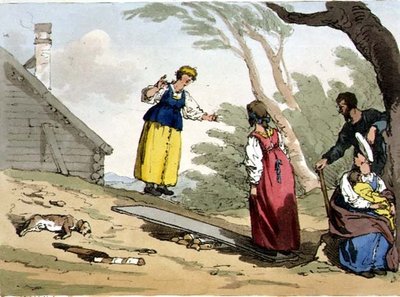 Skoki na desce, tablica 54 z tomu II „Maniery, obyczaje i zabawy Rosjan”, sztychowana przez artystę, wyd. 1804 (akwatinta) autorstwa John Augustus Atkinson