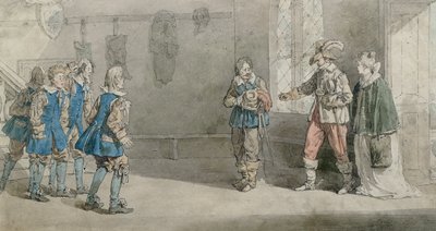 Petruchio, Katarina i służba w scenie z „Poskromienia złośnicy”, ok. 1815 (pióro i toaleta na papierze) autorstwa John Augustus Atkinson