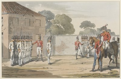 Wiercenie żołnierzy, 1807 (kolorowa akwatinta z akwafortą na miękkim podłożu) autorstwa John Augustus Atkinson