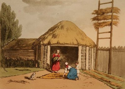 Sortowanie i suszenie konopi, tablica 95 z tomu III „Maniery, obyczaje i zabawy Rosjan”, akwaforta artysty, wyd. 1804 (akwatinta) autorstwa John Augustus Atkinson
