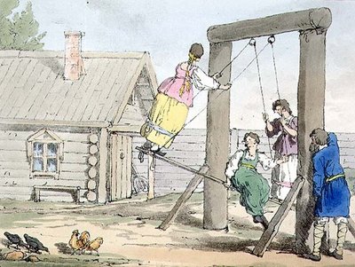 Huśtawka, tablica 84 z tomu III „Maniery, obyczaje i zabawy Rosjan”, akwaforta artysty, wyd. 1804 (akwatinta) autorstwa John Augustus Atkinson