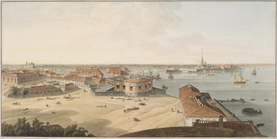 Widok na Mierzeję Wyspy Wasiljewskiej i Twierdzę Piotra i Pawła, między 1802 a 1805 r autorstwa John Augustus Atkinson