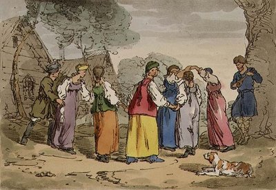 Rozrywki wiejskie, tablica 82 z tomu III „Maniery, obyczaje i zabawy Rosjan”, rytowana przez artystę, wyd. 1804 (akwatinta) autorstwa John Augustus Atkinson
