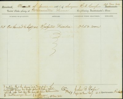 Współczesna kopia paragonu ze sklepów kwatermistrza, oryginał podpisany John B. Tope, kapitan 12. Kawalerii Tennessee, 11 czerwca 1864 autorstwa John B. Tope