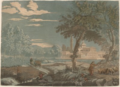 Heroiczny krajobraz z wózkiem i pasterzem, z San Giorgio Maggiore w tle autorstwa John Baptist Jackson after Marco Ricci