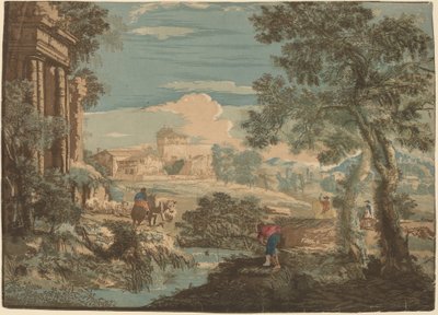 Heroiczny krajobraz z rybakiem, krowami i jeźdźcami autorstwa John Baptist Jackson after Marco Ricci
