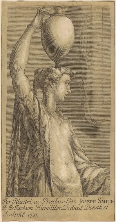 Stojąca kobieta trzymająca słoik na głowie autorstwa John Baptist Jackson, after Parmigianino