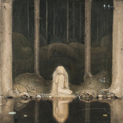 Księżniczka Tuvstarr wciąż siedzi i tęsknie wpatruje się w wodę, 1913 autorstwa John Bauer