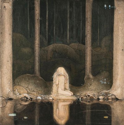 Księżniczka Tuvstarr z nostalgią patrzy na wodę jeziora autorstwa John Bauer