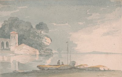 Łódź i postacie na brzegu jeziora autorstwa John Baverstock Knight