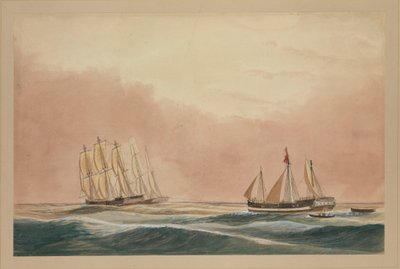 "Futty Satam" holowany na Mauritius przez barkę "Otter" i statek "City of Poona", 1851 r., ok. 1851 r. (akwarela) autorstwa John Becket Hodgson