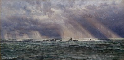 North West Gale przy latarni morskiej Longships, 1873. autorstwa John Brett
