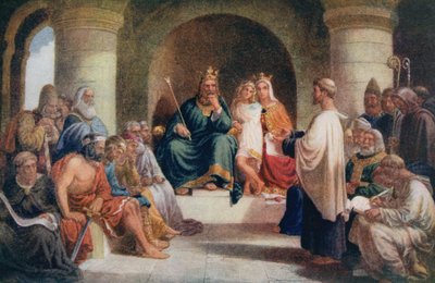 Król Alfred (849-99) przedstawiający swoje prawa Witanowi, ilustracja z „Życie wielkich ludzi opowiadane przez wielkich ludzi”, pod redakcją Richarda Wilsona, ok. 1920 r. autorstwa John Bridges