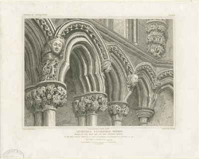Wnętrze katedry w Lichfield - Łuki w kapitule: rycina, bd [c 1819] (druk) autorstwa John Britton
