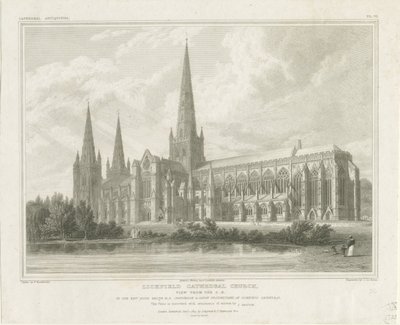 Katedra w Lichfield - widok na południowy wschód: grawerowanie, nd [?1819] (druk) autorstwa John Britton
