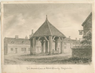 Abbots Bromley - Market House and Stocks: sepia rysunek, 1839 autorstwa John Buckler
