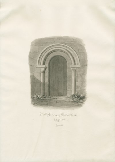 Alrewas Church - North Doorway: rysunek w sepii autorstwa John Buckler