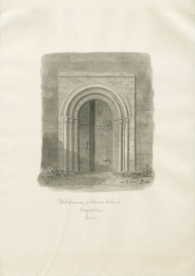 Alrewas Church - West Doorway: rysunek w sepii autorstwa John Buckler