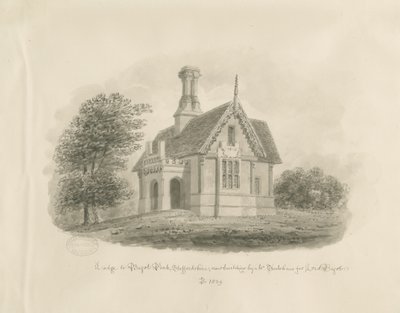 Blithfield - „Lodge at Bagot Park”: rysunek w sepii autorstwa John Buckler
