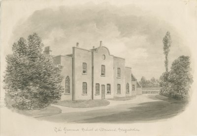 Brewood Grammar School: rysunek w sepii, bd [ok. 1842] (rysunek) autorstwa John Buckler