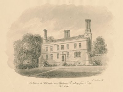 Buckinghamshire - Wellwick - Stary dom: winietowany rysunek w sepii, 1837 autorstwa John Buckler