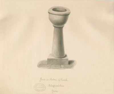 Czcionka w kościele Acton Trussell: rysunek w sepii, 1841 autorstwa John Buckler