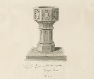 Czcionka w Blore Church: rysunek w sepii, 1839 autorstwa John Buckler