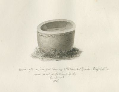 Czcionka w kościele Grindon: rysunek w sepii, 25 maja 1847 (rysunek) autorstwa John Buckler