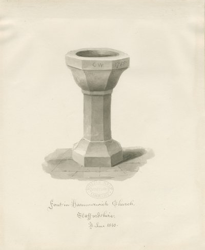 Czcionka w kościele Hammerwich: rysunek w sepii, czerwiec 1843 (rysunek) autorstwa John Buckler