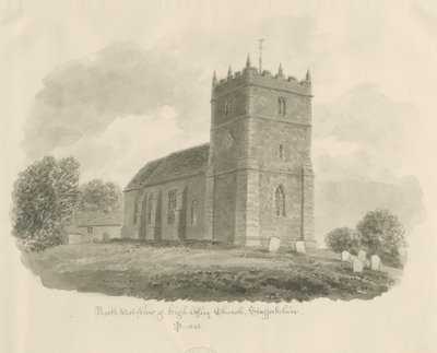 High Offley Church: rysunek w sepii, 1843 autorstwa John Buckler