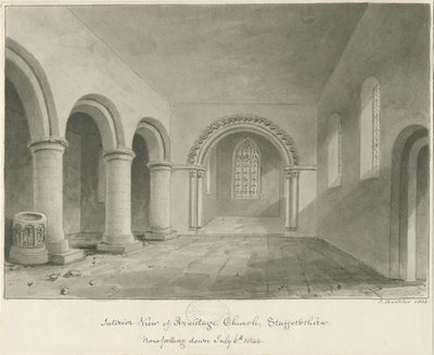 Wnętrze kościoła Armitage: rysunek w sepii, 6 VII 1844 autorstwa John Buckler