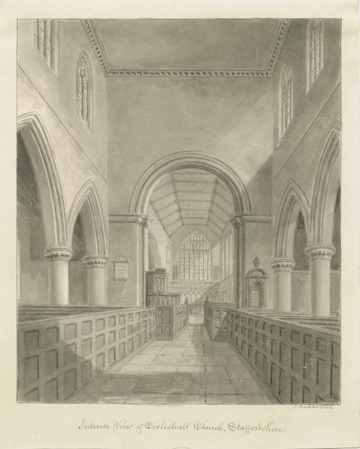 Wnętrze kościoła Eccleshall: rysunek w sepii, 1842 autorstwa John Buckler