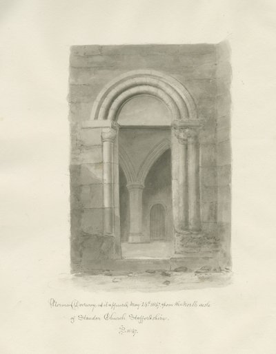 Wnętrze kościoła Standon: rysunek w sepii, 24 maja 1847 (rysunek) autorstwa John Buckler