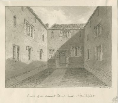 Lichfield - Court Yard of Old House in The Close: rysunek w sepii autorstwa John Buckler