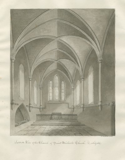 Lichfield - Wnętrze kościoła św. Michała: rysunek w sepii autorstwa John Buckler