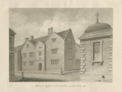 Lichfield - Szkoła nieletnich: rysunek w sepii autorstwa John Buckler