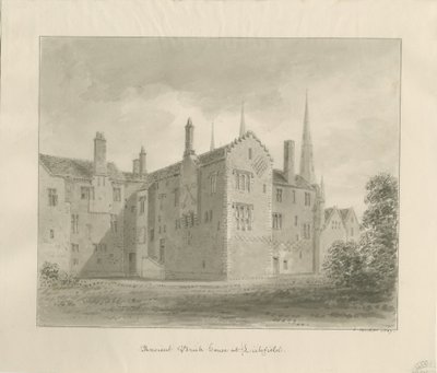 Lichfield - Old House in The Close: rysunek w sepii autorstwa John Buckler