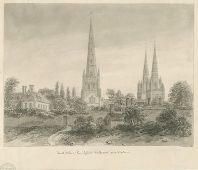 Katedra w Lichfield - widok północny: rysunek w sepii, 1838 r. autorstwa John Buckler