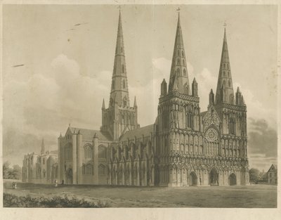 Katedra w Lichfield - widok na północny zachód: grawerunek akwatinty, bd [1807] autorstwa John Buckler