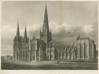 Katedra w Lichfield - widok na południowy wschód: rycina akwatinty i [?XIX wiek] autorstwa John Buckler