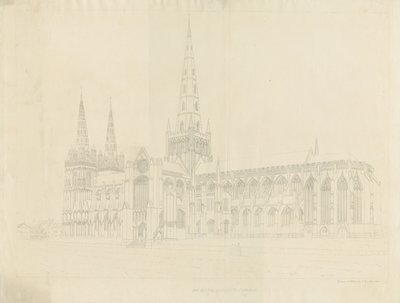 Katedra w Lichfield - widok południowo-wschodni: akwaforta konturowa, nd [1808] autorstwa John Buckler