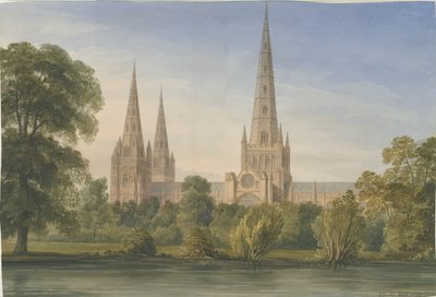 Katedra w Lichfield – południowo-południowy wschód Widok: malowanie akwarelą, 1842 r. autorstwa John Buckler