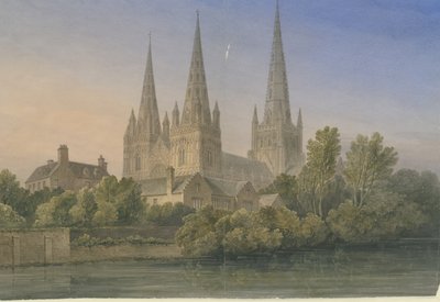Katedra w Lichfield – południowo-zachodni Widok: malowanie akwarelami, 1839 autorstwa John Buckler