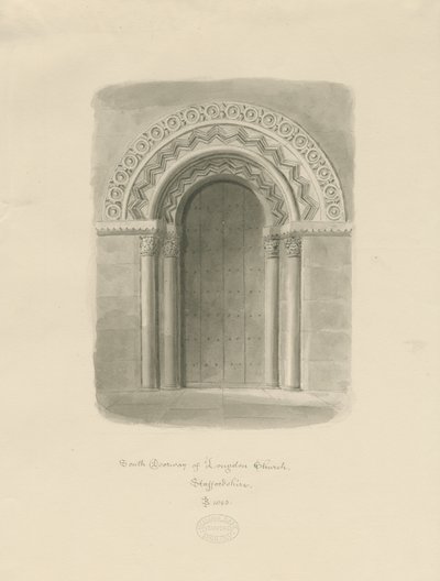Longdon Church - South Doorway: rysunek w sepii autorstwa John Buckler