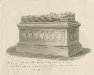 Kościół Maer - Pomnik Sir Johna Bowyera i Lady Katarzyny: rysunek w sepii, 1843 autorstwa John Buckler