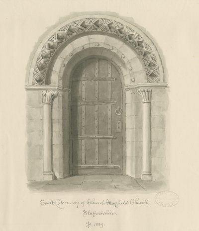 Mayfield Church - South Doorway: rysunek rozmyty w sepii, 1839 autorstwa John Buckler
