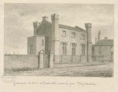 Newcastle-under-Lyme - Gimnazjum: rysunek w sepii, 1840 autorstwa John Buckler