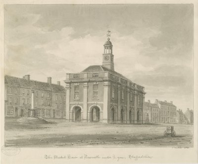 Newcastle-under-Lyme - Rynek: rysunek rozmyty w sepii, 1840 autorstwa John Buckler