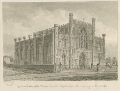 Newcastle-under-Lyme – Kaplica rzymskokatolicka: rysunek w odcieniu sepii, 1840 autorstwa John Buckler